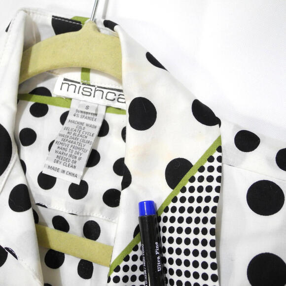 Mishka Art To wear Polka Dot Top Sz S Peplum Front Button Blouse Black &‎ White - Picture 7 of 11